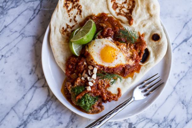 Indian-Style Baked Eggs with Green Harissa and Naan