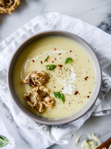 Irish ale potato cheddar soup with beer battered leeks