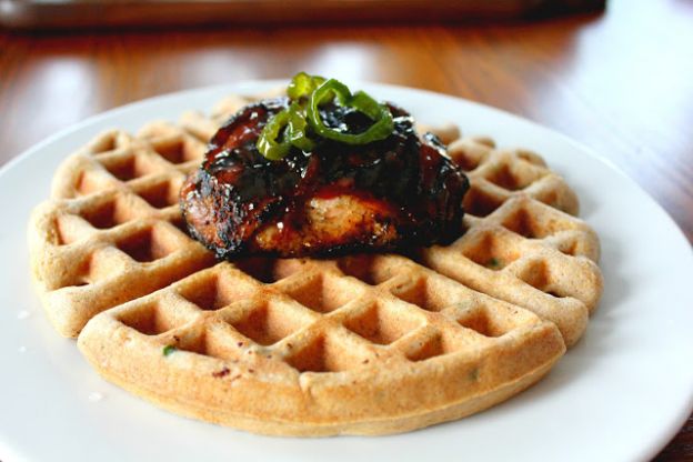 Jalapeno Pumpkin Waffles With BBQ Chicken Thighs