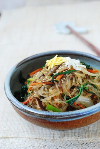 Japchae (Stir-Fried Starch Noodles with Beef and Vegetables)