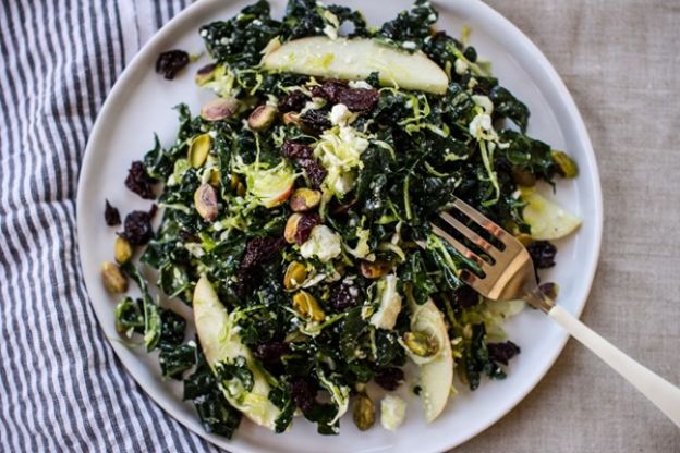 Kale and Brussels sprouts, fruit and nut salad