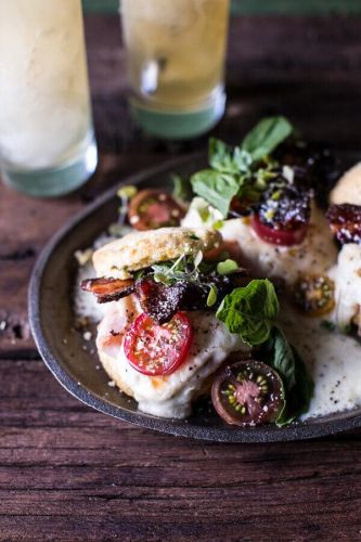 Kentucky Hot Brown Sandwiches on Jalapeno Cornbread Biscuits with Honey Bourbon Bacon