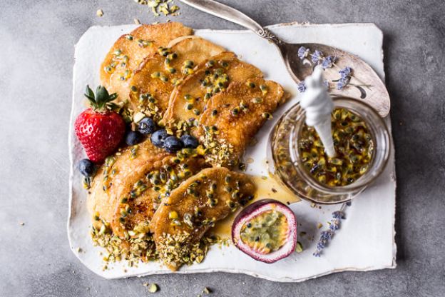 Lemon Ricotta Stuffed Syrian Pancakes with Lavender Passionfruit Syrup