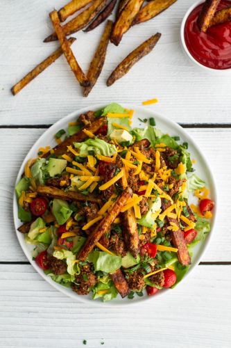 Loaded cheeseburger French fry salad