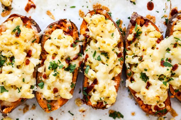 Mac and Cheese Stuffed Sweet Potato Skins