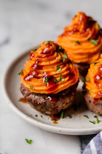 BBQ Meatloaf Muffins with Sweet Potato Topping