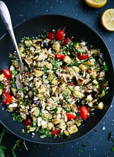 Mediterranean quinoa salad with roasted summer vegetables