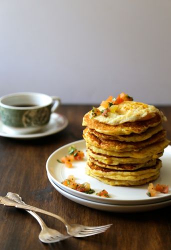 Mexican Corn & Chorizo Pancakes With Fried Egg & Heirloom Tomato Salsa