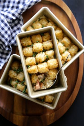 Mini bourbon and bacon tater tot casseroles