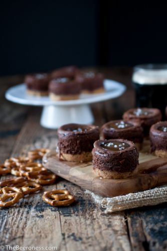 Mini chocolate stout cheesecake with salted beer caramel sauce