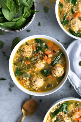 Mini Meatball Chicken Noodle Soup with Spinach