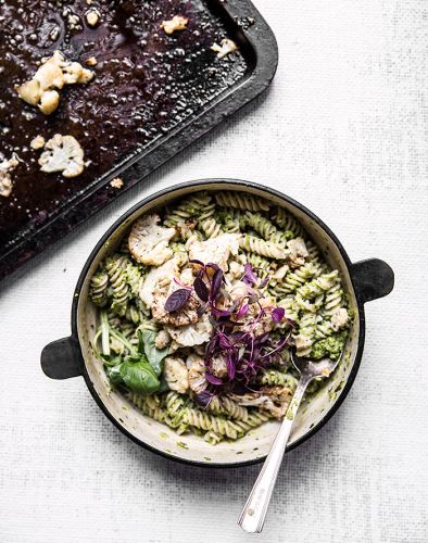 Minty Pea Pesto Pasta + Crispy Roasted Cauliflower