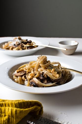 Fettuccine with Mushrooms, Walnuts and Parmesan