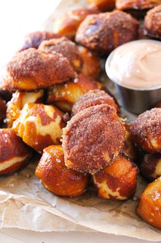 Cinnamon sugar soft pretzel bites with Nutella cream cheese dipping sauce