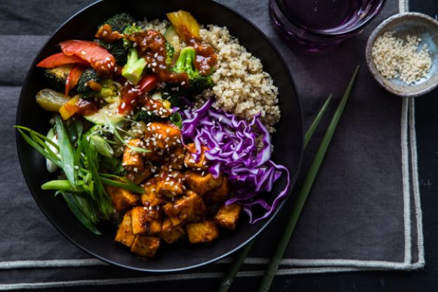 korean barbecue tofu bowls with stir-fried veggies and quinoa