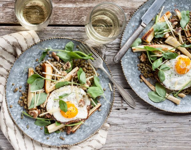 Parsnip, Lentil & Walnut Salad With Fried Egg