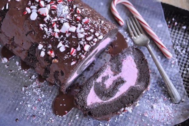 Peppermint ice cream dark chocolate cake roll