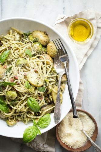 Potato Pesto Linguine with Roasted Brussels Sprouts