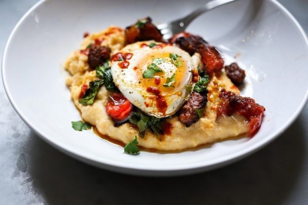 Creamy Polenta Eggs with Chorizo