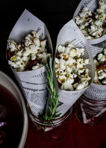 Popcorn with rosemary butter and honey-chipotle almonds