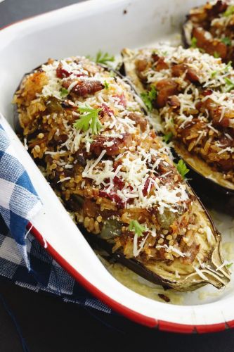 Pork stuff eggplant boats