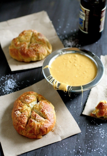 Pretzel rolls with beer cheese sauce