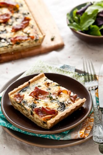 Swiss chard, goat cheese and prosciutto tart