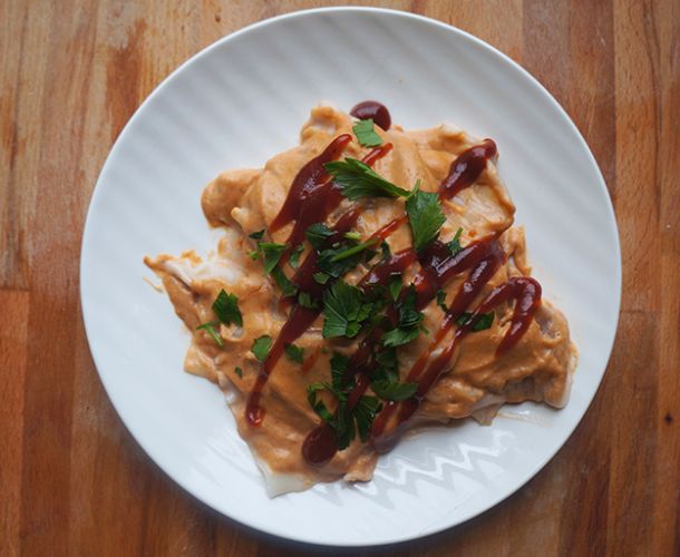 Pulled pork ravioli in barbecue bechamel