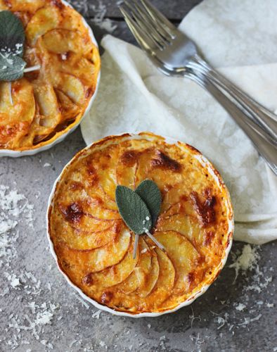 Pumpkin and potato gratin with Gruyere and sage