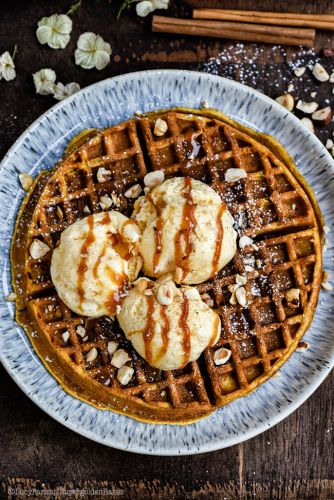 Pumpkin Spice Waffles with Vanilla Ice Cream and Caramel Sauce