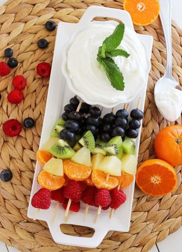 Rainbow Fruit Skewers with Vanilla Honey Yogurt Dip