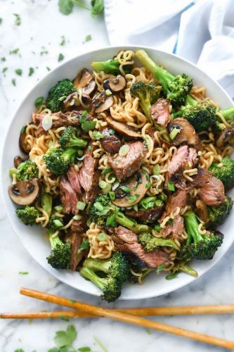 Ramen Noodles with Marinated Steak and Broccoli