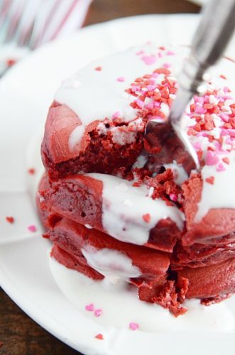 Red velvet pancakes and cream cheese frosting