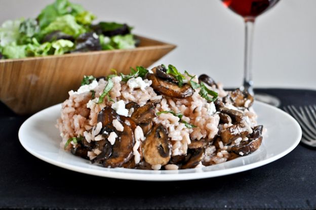 Red Wine and Goat Cheese Risotto with Caramelized Mushrooms