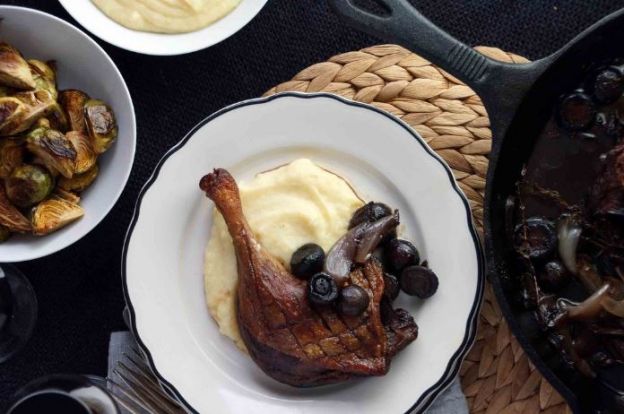 Red Wine Braised Duck Legs with Mushrooms and Shallots