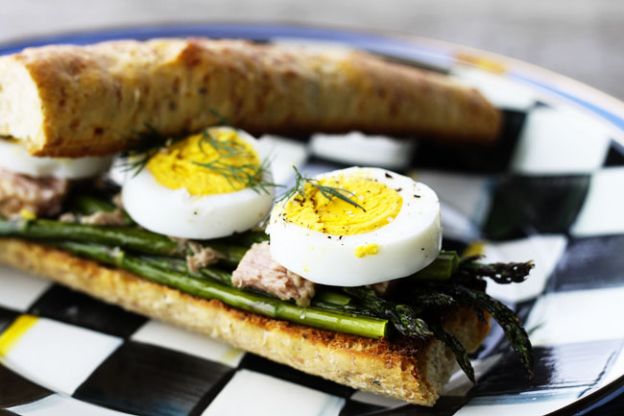 French roasted asparagus, tuna and hard-boiled egg sandwiches