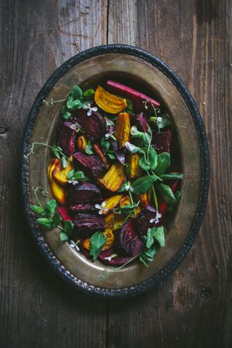 Roasted beet salad with pea shoots