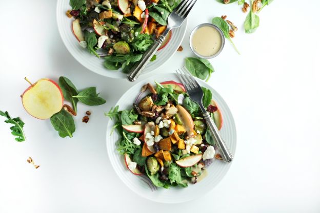 Salad with roasted apples, brussels sprouts and maple dressing