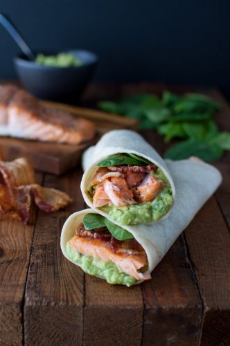 Salmon, guacamole and bacon wraps