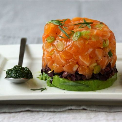 Salmon tartare with avocado, olives and tarragon