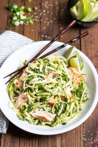 Asian salmon zucchini noodle bowl