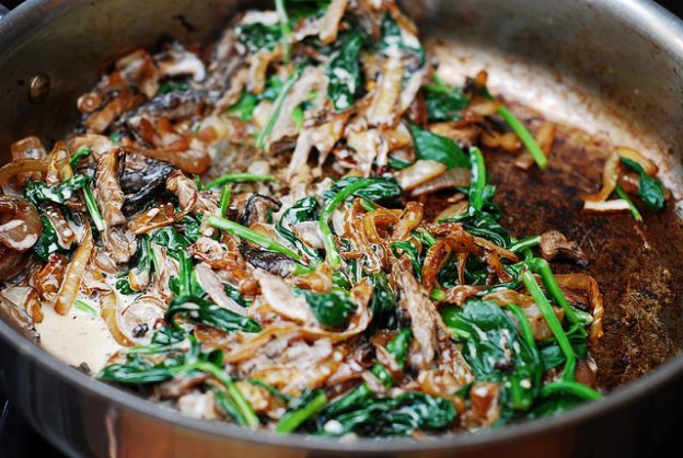 Sauteed spinach and mushrooms with caramelized onions