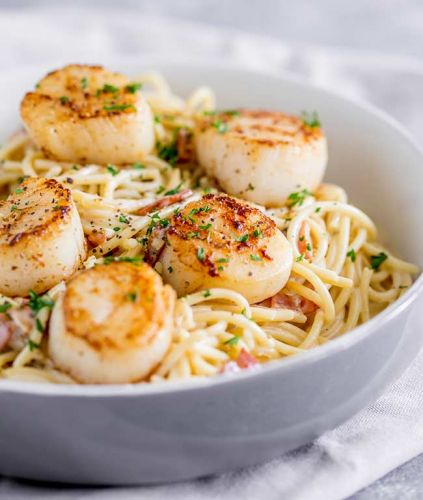 Pan Seared Scallop Pasta with Creamy Bacon Sauce