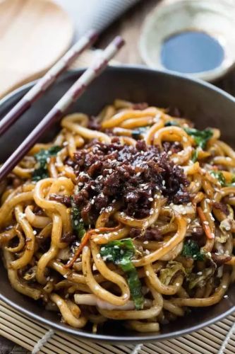 Stir Fried Shanghai Noodles with Ground Pork and Napa Cabbage