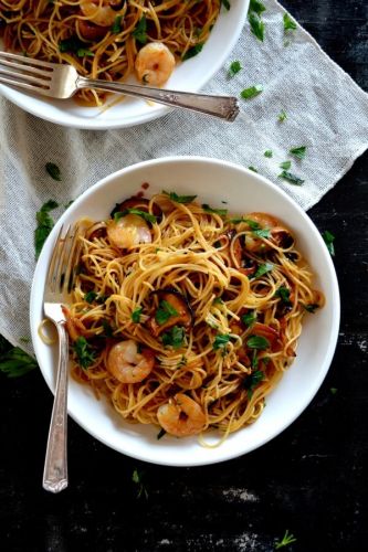 Soy Sauce Butter Pasta with Shrimp and Shiitakes