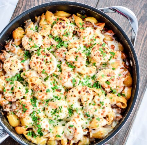 Shrimp and Sausage Skillet Pasta Bake with Vodka Sauce