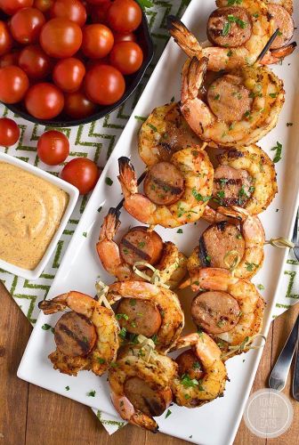 Spicy shrimp and sausage skewers