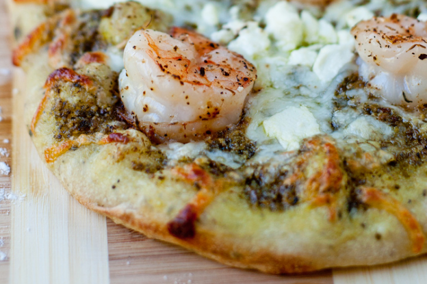 47. Shrimp and pesto pizza with goat cheese