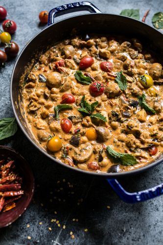 Simple almond chicken, chickpea and eggplant curry