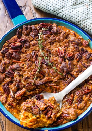 Sweet potato casserole with a crunchy pecan crumble